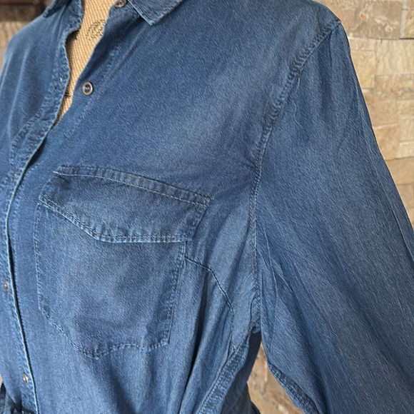 Lily Sky dark denim chambray dress button down tie waist long sleeve - Picture 4 of 16